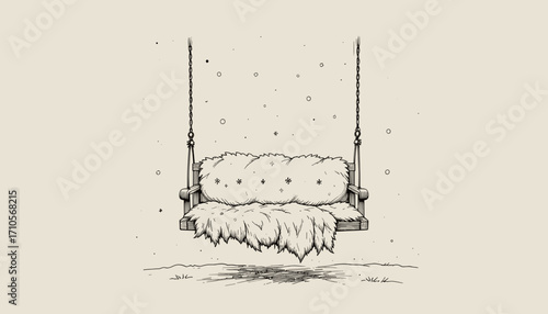 illustration of a cozy swing adorned with soft cushions in a tranquil setting
