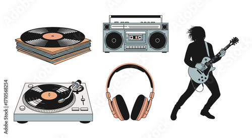 A collection of music related items including records and a guitarist