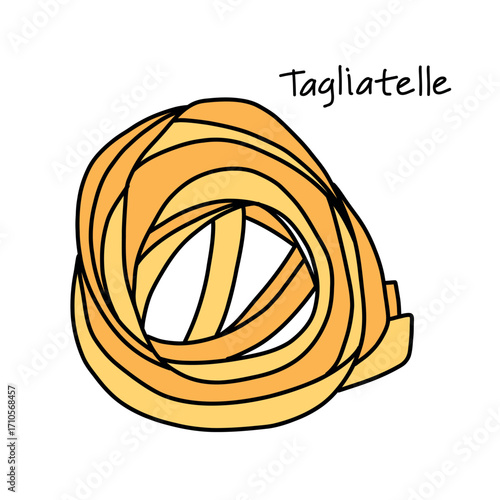 Wide Italian tagliatelle pasta twisted into a nest in doodle style on a white background