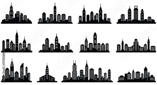 Black silhouettes of various modern city skylines arranged in a grid pattern