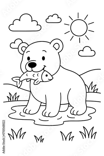 Cartoon bear catching fish in river, children’s coloring page black and white art