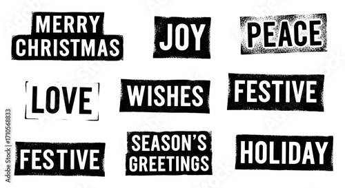 Nine christmas themed words in black boxes with a distressed look art