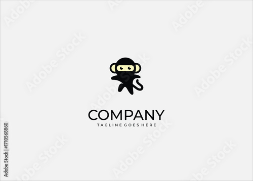Cute Ninja Monkey Cartoon Vector Character, Funny Martial Arts Ape Mascot Logo, Adorable Black Costume Animal Illustration for Kids, Games, Stickers, Branding, and Creative Projects