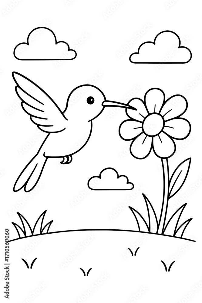 Obraz premium Hummingbird near flower, adorable cartoon bird coloring book illustration