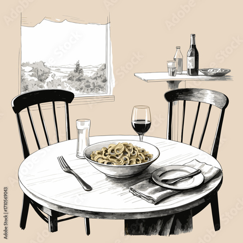 Illustration of a cozy dining table set with a bowl of pasta and glasses of wine
