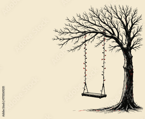 Illustration of a swing hanging from a tree with bare branches and falling snow
