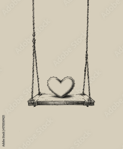 Illustration of a swing with a heart-shaped pillow, symbolizing love and comfort