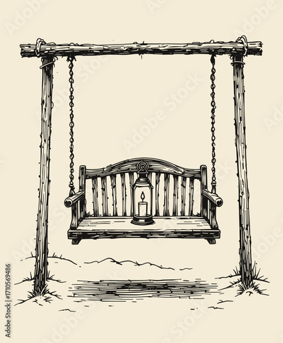 Illustration of a rustic swing with a lantern, creating a cozy outdoor ambiance