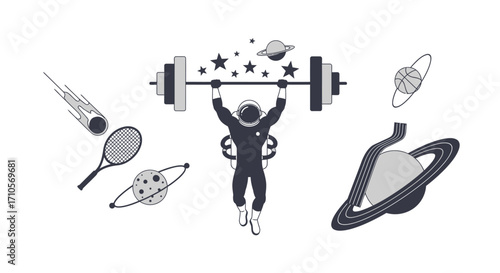 Astronaut lifting a barbell in space with planets and stars.