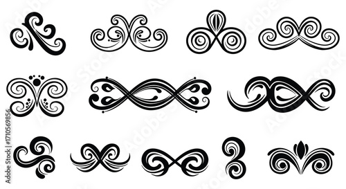 Collection of ornate black swirls and decorative floral design elements