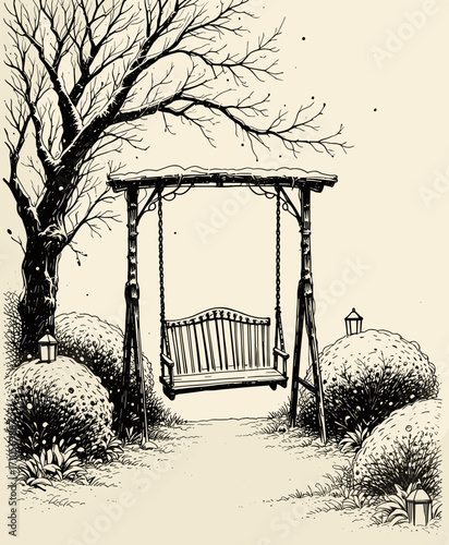 Illustration of a swing under a tree with bare branches, surrounded by lush bushes