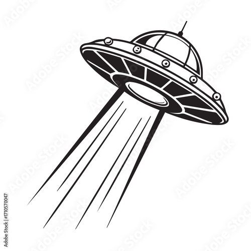 Retro style flying saucer ufo with light beams descending, isolated on white background