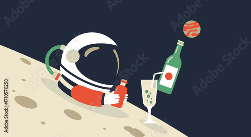 Astronaut Relaxing on Moon with Drinks and Planet in Space.
