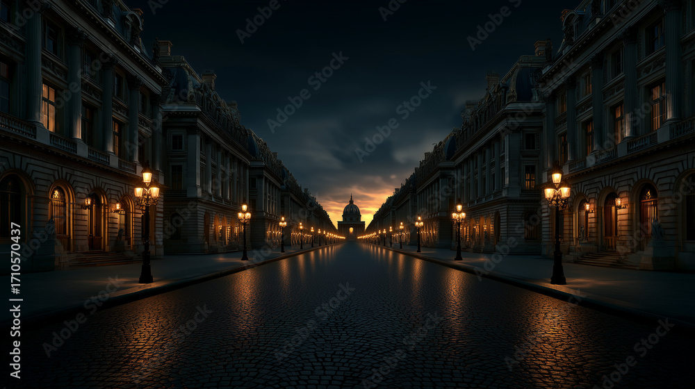 Fototapeta premium Historic Parisian street with aligned cream-colored façades and street lamps