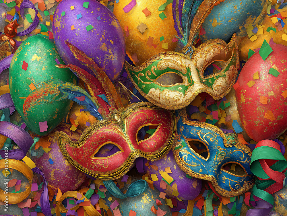 Fototapeta premium Vibrant mardi gras or carnival festivities featuring balloons, confetti, and masks. Detailed high quality image. 
