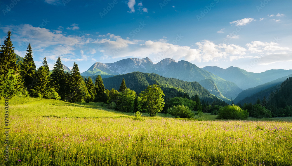 Fototapeta premium Summer Landscape With Mountains And Trees