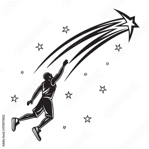 Silhouette of a basketball player reaching for a shooting star in the night sky, isolated on white background