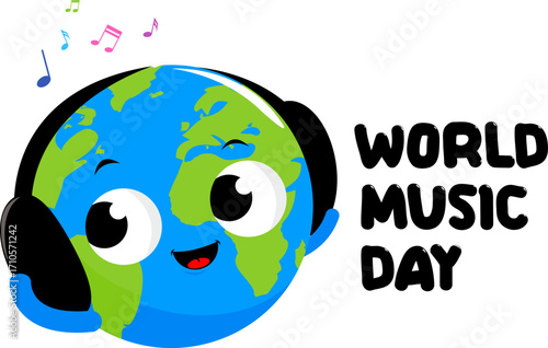 Happy World map with headphones and musical notes. Cute planet Earth cartoon listening to music. International music day. Vector Illustration