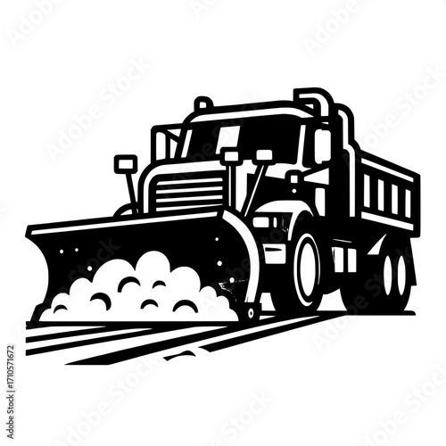 Black and White Vector of Snow Plow Truck Clearing Road
