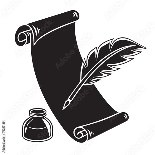 Silhouette of a quill pen resting on a rolled parchment scroll next to an inkwell, isolated on white background