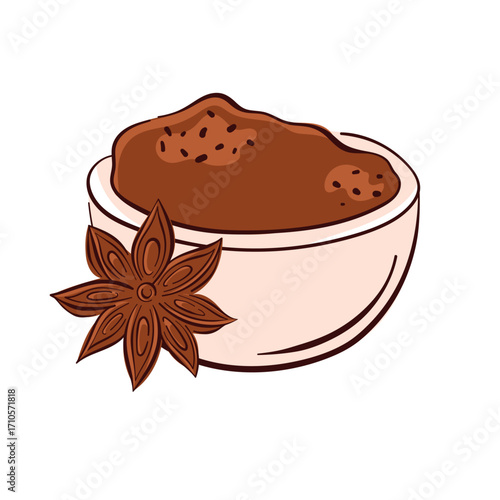 Bowl of cinnamon ground spice with star anise in flat style on white background. Perfect for food and seasoning design theme.