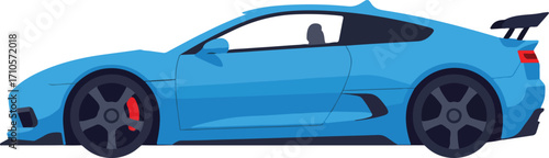 Side view of a blue sports car with a rear spoiler.