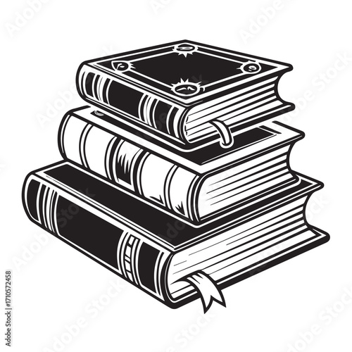 Stack of three antique hardcover books with ribbons, isolated on white background