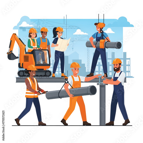Diverse construction workers collaborating on a building site, utilizing various tools and equipment.