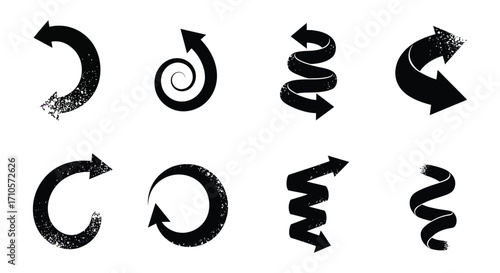 Collection of abstract black arrows and spiral shapes on white background