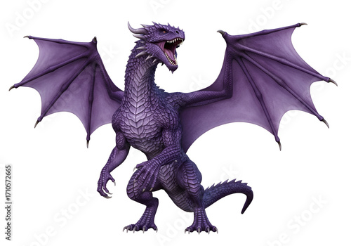 A majestic, purple dragon with outstretched wings, set against a stark black backdrop, displays an imposing posture and powerful aura.