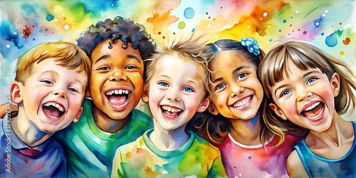Photo of a diverse group of happy children laughing together with vibrant watercolor splashes in the background, symbolizing joy and friendship