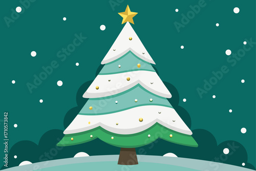 Stylized vector illustration of a decorated Christmas tree in a snowy winter landscape at night
