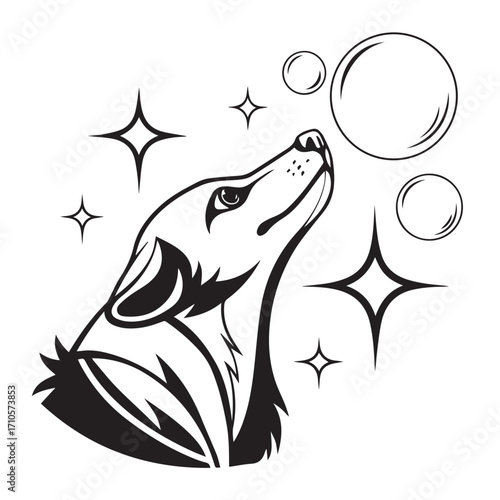 Stylized black and white illustration of a wolfs head looking up at bubbles and stars, isolated on white background