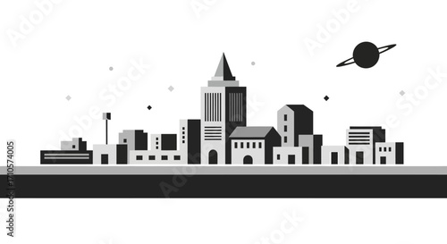 Black and White Futuristic City Skyline Vector Illustration.