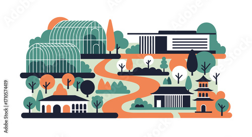 Botanical Garden Illustration with Buildings and Pathways.