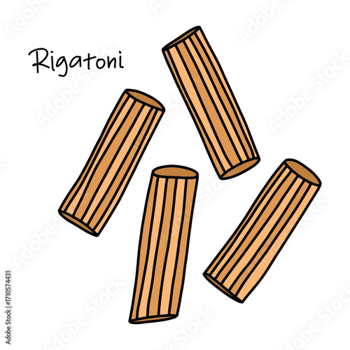Long striped tubes of Italian rigatoni pasta isolated on white background