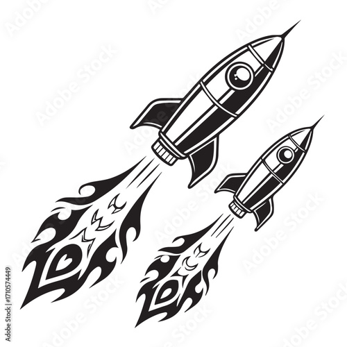 Two stylized black and white rockets with fiery exhaust trails, isolated on white background