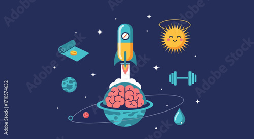Brain Rocket Launching into Space with Celestial Objects.