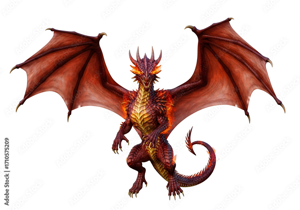 Obraz premium Fierce, fiery dragon with outstretched wings, displayed against a dark background, showcasing intricate details and vibrant hues.