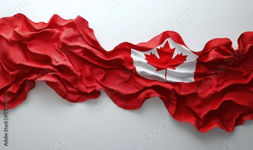 Fototapeta Naklejka Na Ścianę i Meble -  A red flag with a white maple leaf design, billowing in the wind against a plain white background