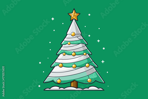 Cartoon Christmas pine tree with festive holiday decorations and a star topper vector illustration