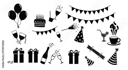 Celebration elements including balloons cake gifts and party decorations shown