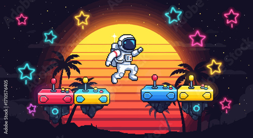Retro pixel art astronaut jumping between platforms.