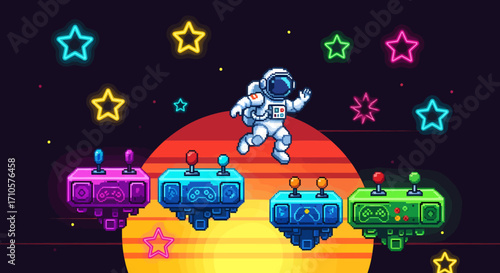 Pixel art astronaut floating in space with retro arcade game platforms and neon stars.