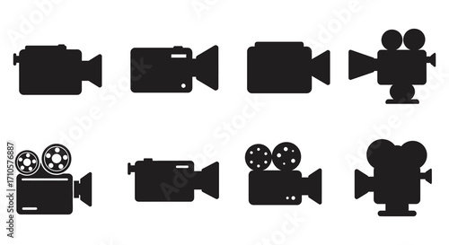 Various silhouettes of vintage and modern film and video cameras