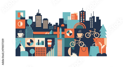 Cityscape illustration featuring buildings, bicycles, coffee cups, and shopping bags.