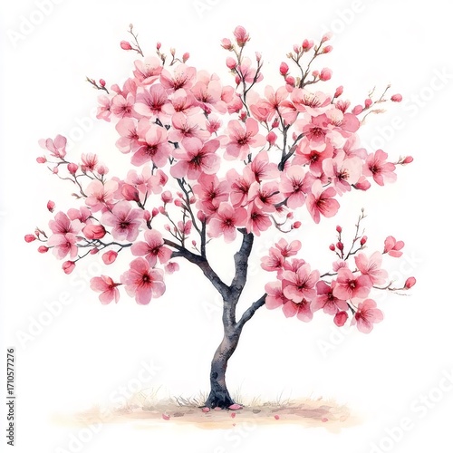 ピンクの桜の木の透明な背景水彩イラスト