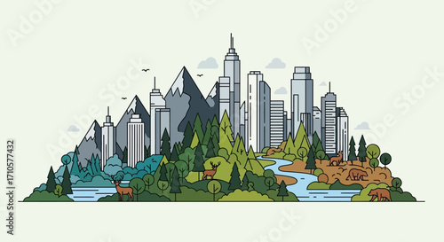 Cityscape illustration featuring mountains trees and buildings in a scenic view.