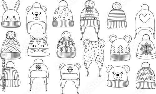Winter hats coloring page cute animal hats for kids to color
