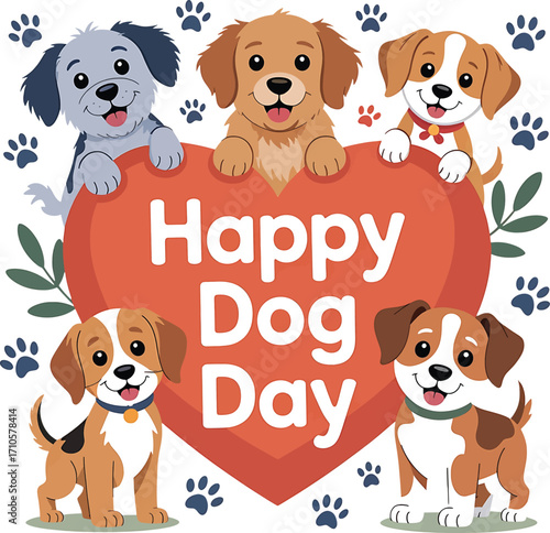 Five cute cartoon dogs peeking over a large heart with text Happy Dog Day and foliage puppy group
